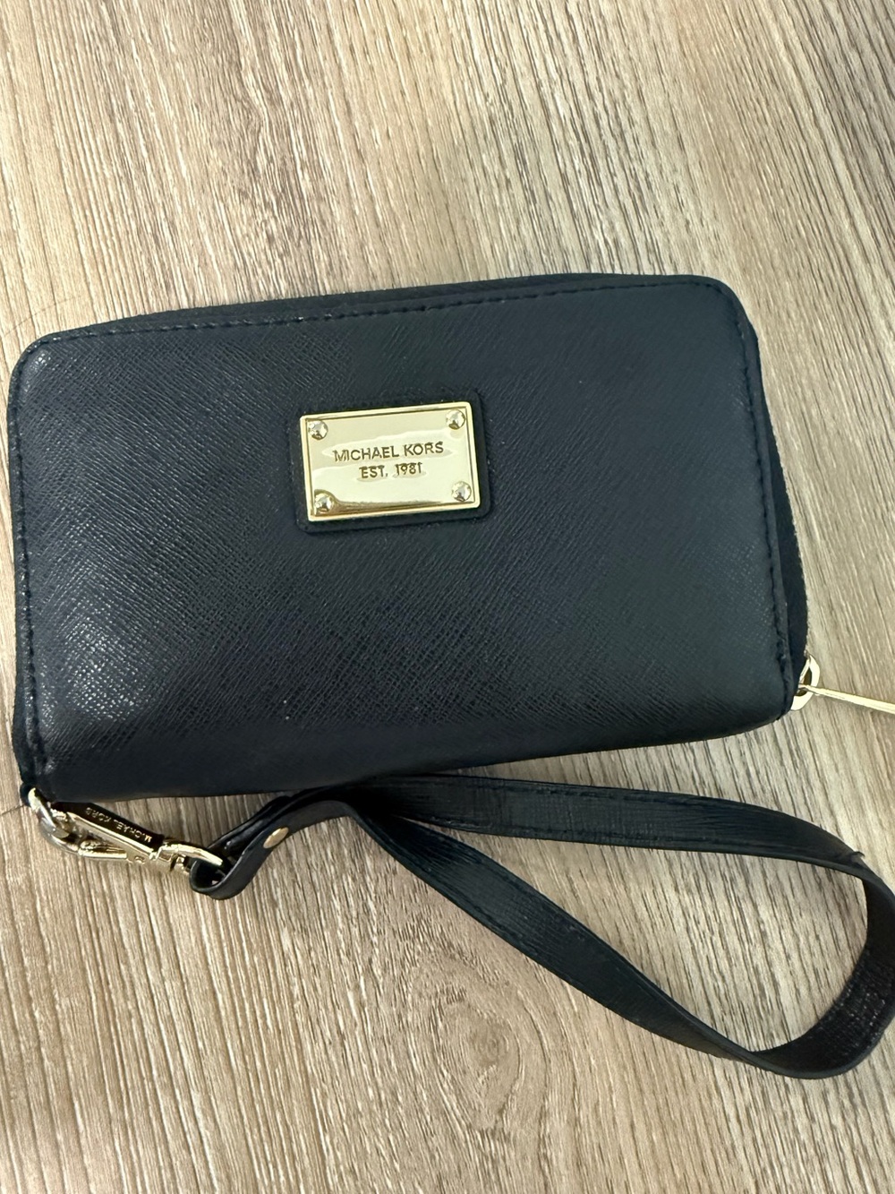 Michael Kors Black Saffiano Zip-Around Wristlet with Gold Plate